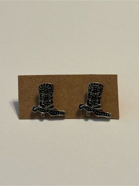 Dark Silver Tone Country Western Cowboy Boot Stud Earrings